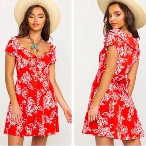 Free People A Thing Called Love Linen Blend Mini Dress Red Floral Print Size 4